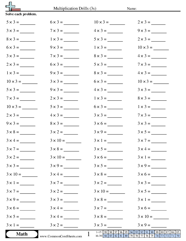 3s (horizontal) worksheet